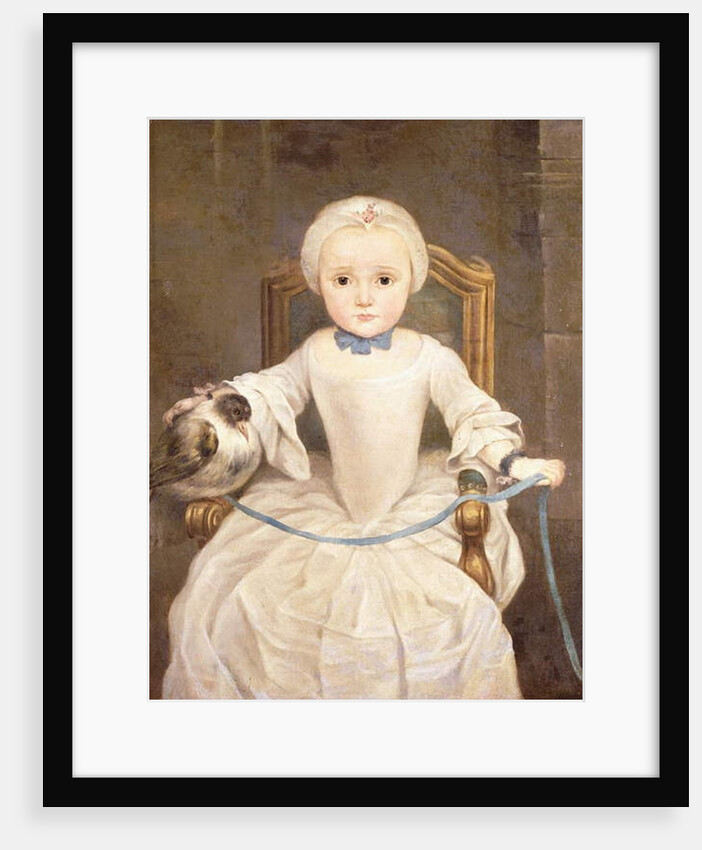 A Young Girl Seated, three-quarter length, wearing an Ivory Dress and Bonnet with a Pigeon by Christian Lindner