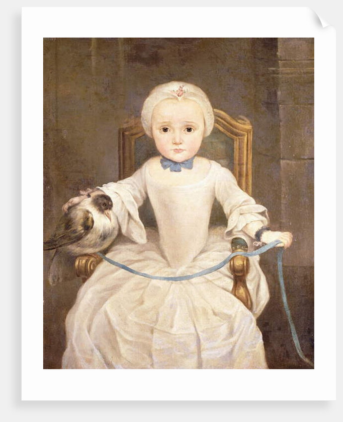 A Young Girl Seated, three-quarter length, wearing an Ivory Dress and Bonnet with a Pigeon by Christian Lindner