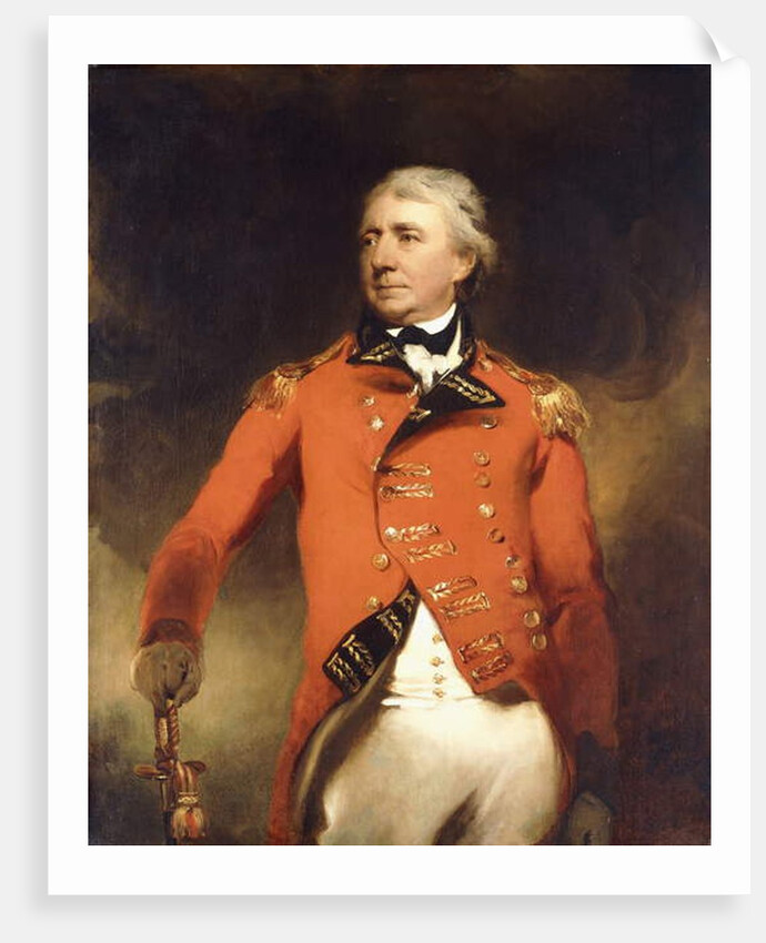 Portrait of General James Stuart standing three-quarter length, wearing a red uniform with gold frogging by Thomas Lawrence