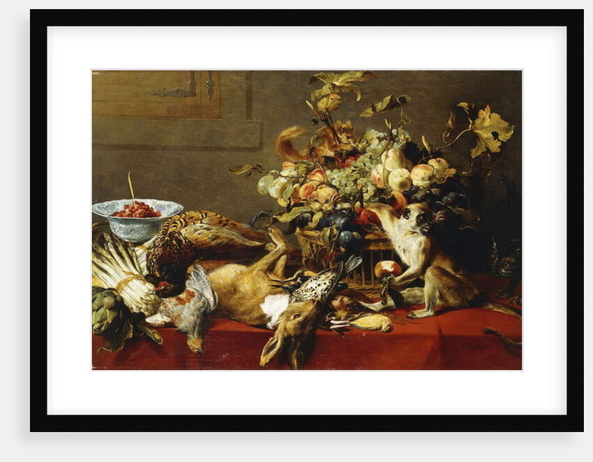 A Basket of Fruit on a Draped Table with Dead Game and a Monkey by Frans Snyders or Snijders