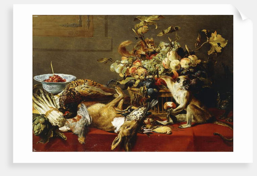 A Basket of Fruit on a Draped Table with Dead Game and a Monkey by Frans Snyders or Snijders