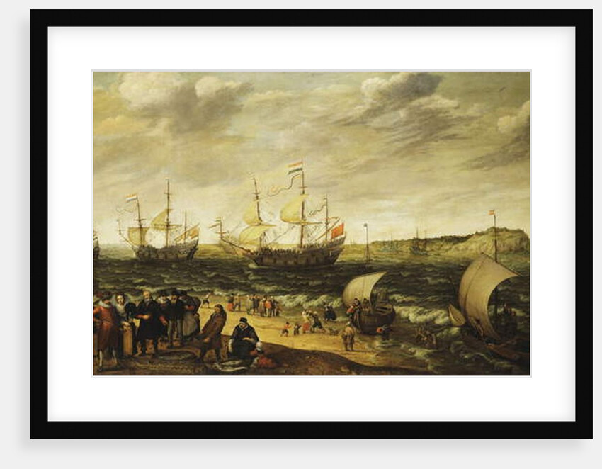 Men-of-War sailing out of an Estuary with figures in the forground by Adam Willaerts