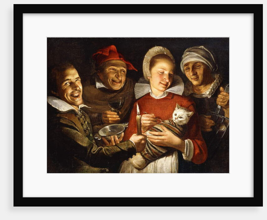 A Dutch Proverb - A women feeding a bound cat, surrounded by men by Haarlem School