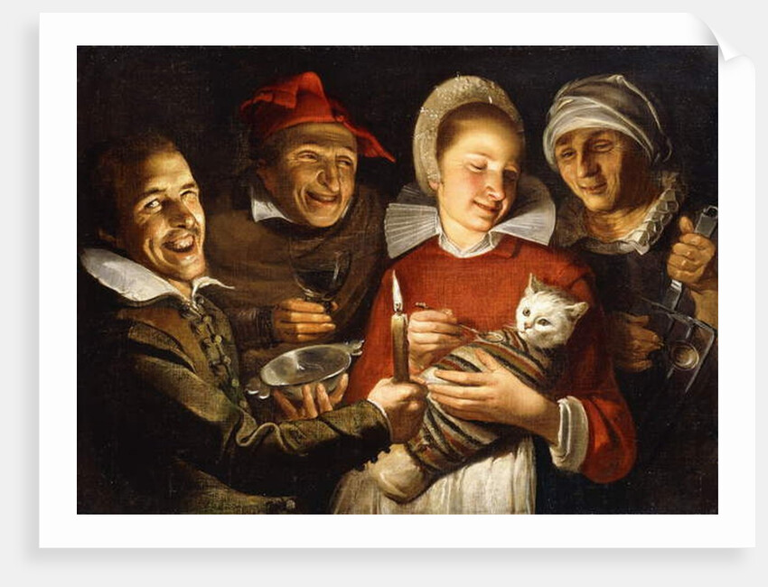 A Dutch Proverb - A women feeding a bound cat, surrounded by men by Haarlem School