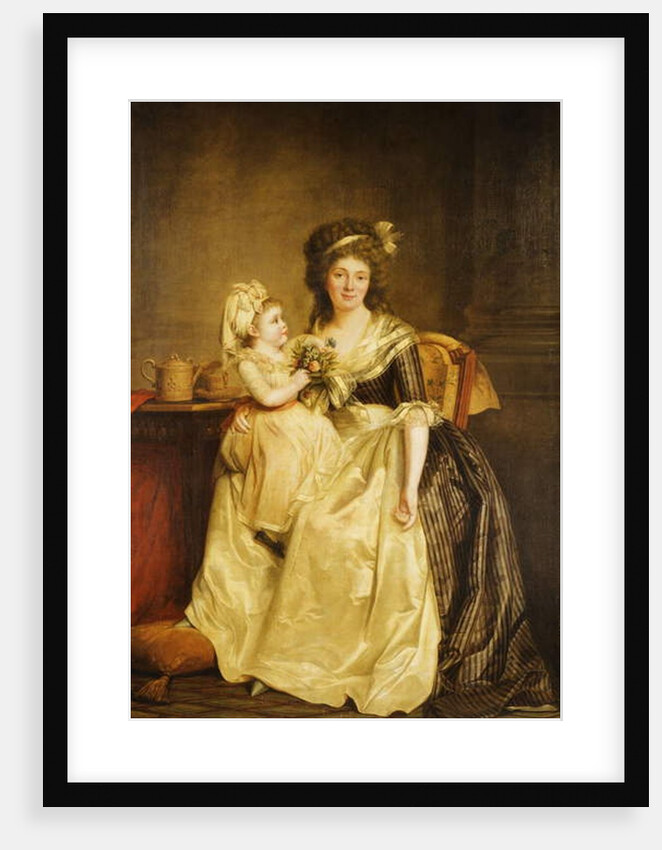 Portrait of a Lady, seated full-length by a table, with her daughter, holding a posey of flowers by Rose Adelaide Ducreux