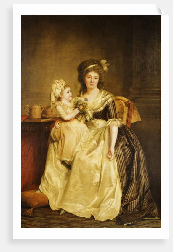 Portrait of a Lady, seated full-length by a table, with her daughter, holding a posey of flowers by Rose Adelaide Ducreux