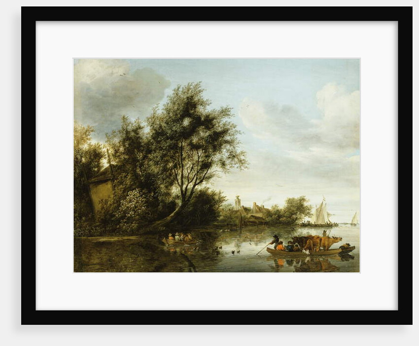 A River Landscape with a Hayloft among Trees and a Ferryboat with Passengers and Cattle by George Henry Clements