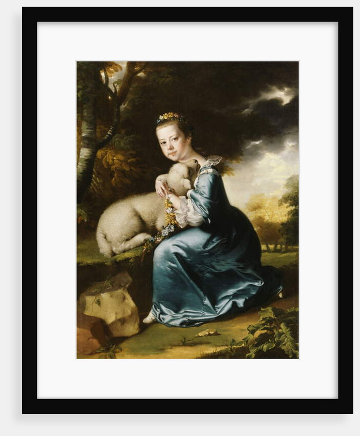 Portrait of Miss Frances Warren, kneeling full-length in a wooded park, wearing a blue dress and holding a lamb by Joseph Wright of Derby