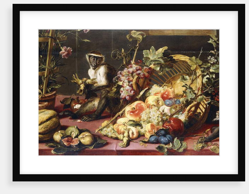 A Spilled Basket of Fruits on a Draped Table with Monkeys by Frans Snyders or Snijders