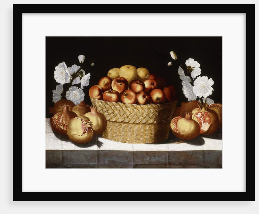 Apples in a Wicker Basket, Pomegranates and Hollyhocks on a Draped Ledge by Blas de Ledesma