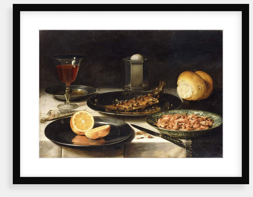 A Herring with Capers and a Sliced Orange on Plates and a Bowl of Shrimp on a Table by Clara Peeters