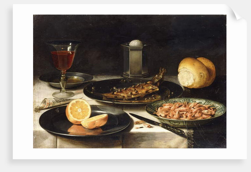 A Herring with Capers and a Sliced Orange on Plates and a Bowl of Shrimp on a Table by Clara Peeters