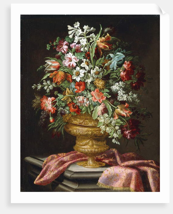 Flowers in a Sculpted Urn on a Draped Stone Pedestal by Andrea the Elder Scacciati