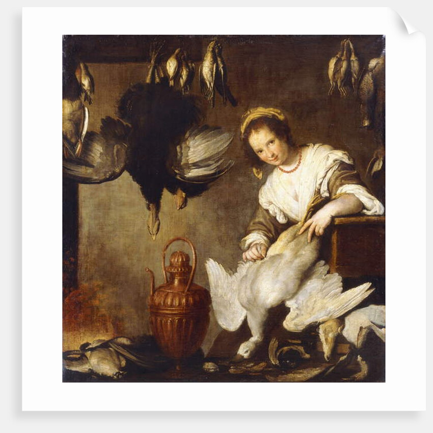 La Cuoca - A Kitchen Maid Plucking a Goose in an Interior by Bernardo Strozzi