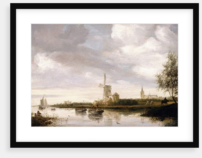 A River Landscape with Barges and Sailboats and a Church beyond by George Henry Clements
