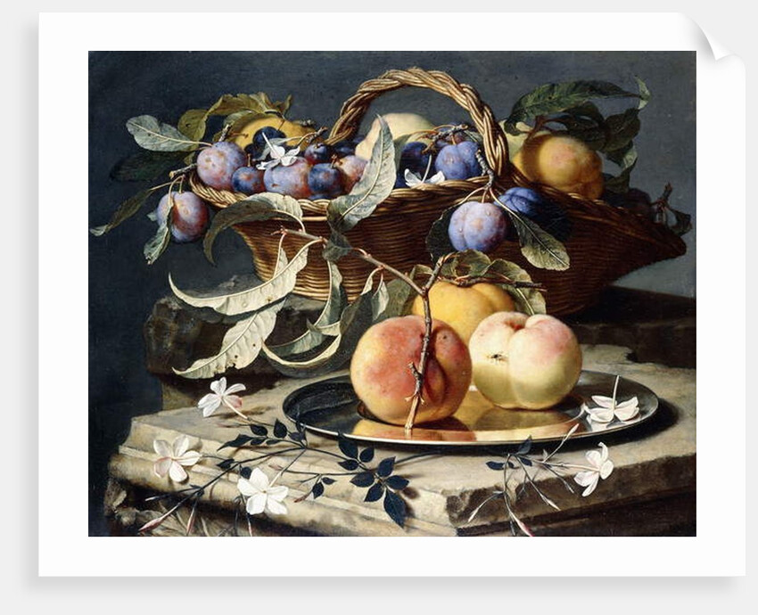 Peaches and Plums in a Wicker Basket, Peaches on a Silver Dish and Narcissi on Stone Plinths by Christian Berentz