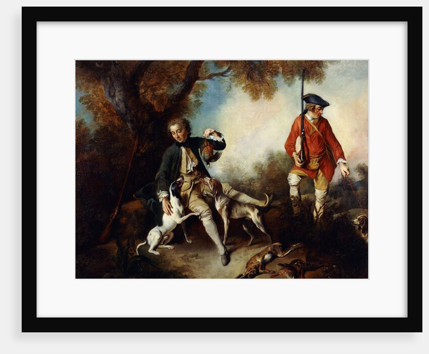 La Halte de Chasseurs': A Huntsman Holding a Gamebird and Resting by a Tree, his Servant and Hounds Nearby by Nicolas Lancret
