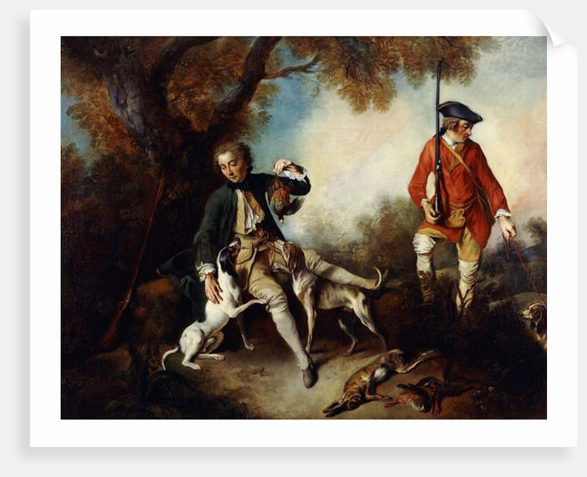 La Halte de Chasseurs': A Huntsman Holding a Gamebird and Resting by a Tree, his Servant and Hounds Nearby by Nicolas Lancret