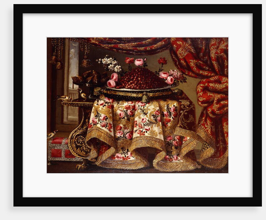A platter of Strawberries with Flowers on a Pillow and a Tazza of Figs on a Table draped with an Embroidered Cloth, with Birds and Chest beside a Curtain and Window by Antonio Gianlisi