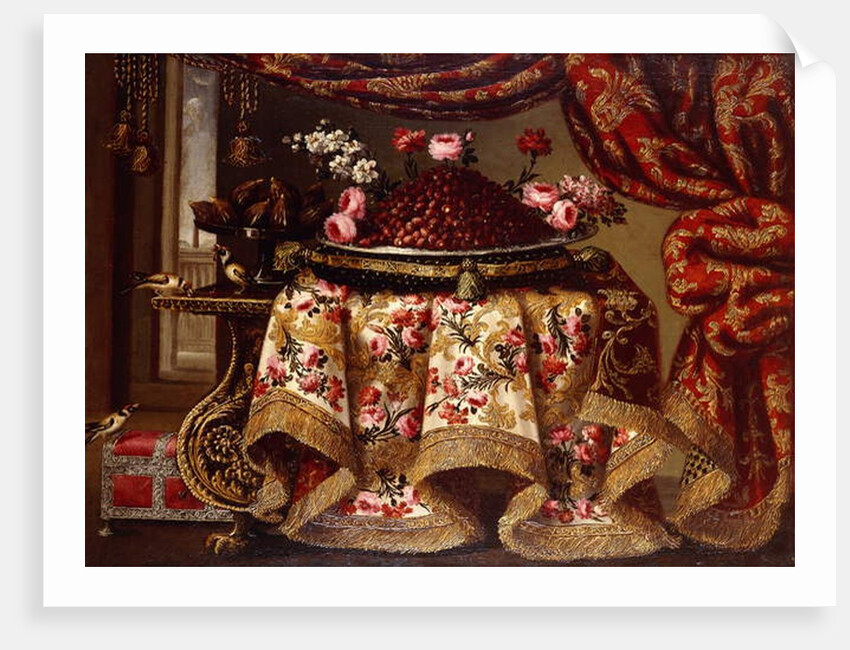 A platter of Strawberries with Flowers on a Pillow and a Tazza of Figs on a Table draped with an Embroidered Cloth, with Birds and Chest beside a Curtain and Window by Antonio Gianlisi