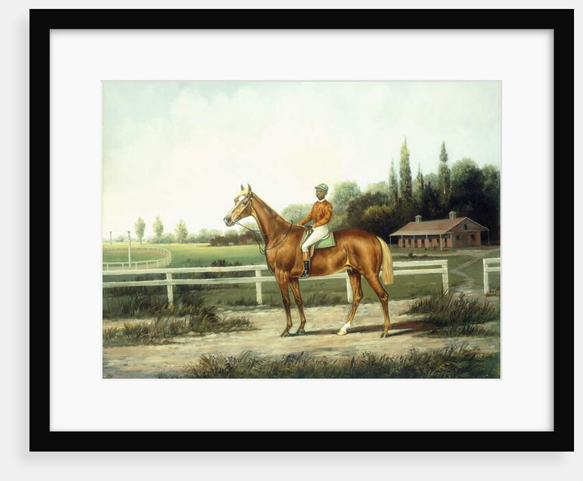 A Chestnut Racehorse with Jockey Up on a Training Track with Stables Beyond by Henry H. Cross