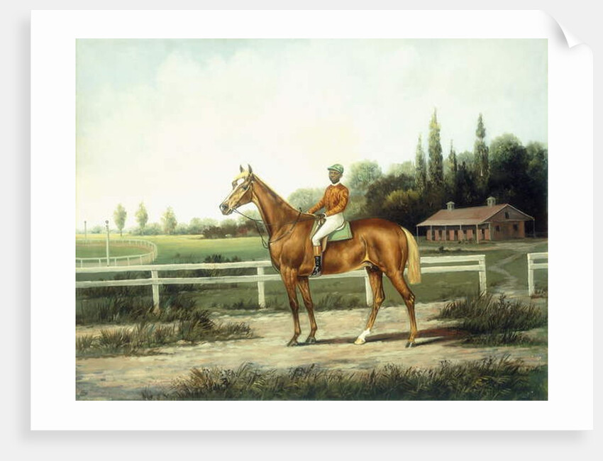 A Chestnut Racehorse with Jockey Up on a Training Track with Stables Beyond by Henry H. Cross
