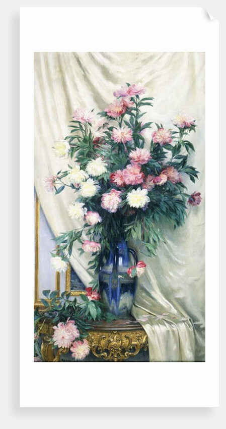 Peonies in a Blue Vase on a Draped Regency Giltwood Console Table by Albert Aublet