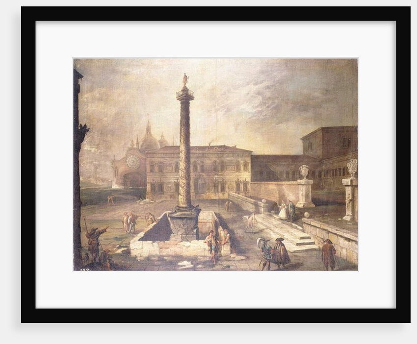 A Capriccio of a Piazza in front of a Palace with the Column of Marcus Aurelius by Canaletto