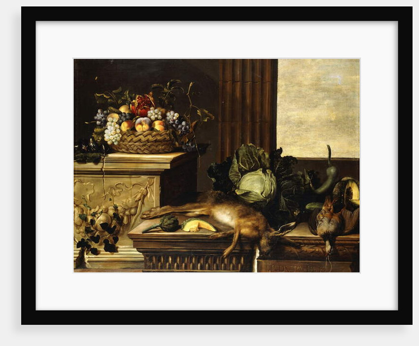 Fruit in a Wicker Basket with Figs on a Plinth, Dead Game, a Cabbage, a Melon, a Gourd and an Artichoke on a stone Ledge, a Window beyond by Pierre Dupuis