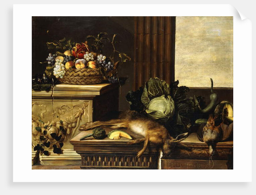Fruit in a Wicker Basket with Figs on a Plinth, Dead Game, a Cabbage, a Melon, a Gourd and an Artichoke on a stone Ledge, a Window beyond by Pierre Dupuis
