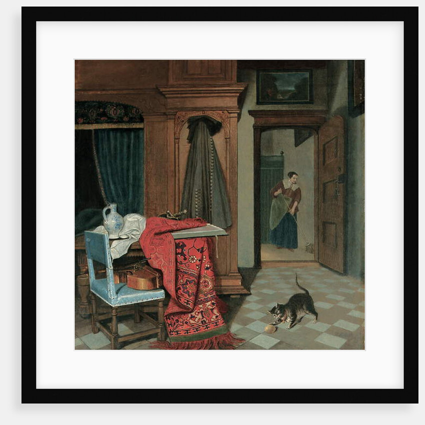 Interior with a carpet, a sword and a jug on a table, a cello on a chair, a coat hanging on a cupboard, a cat playing with a ball, a maid beyond by Cornelis de Man