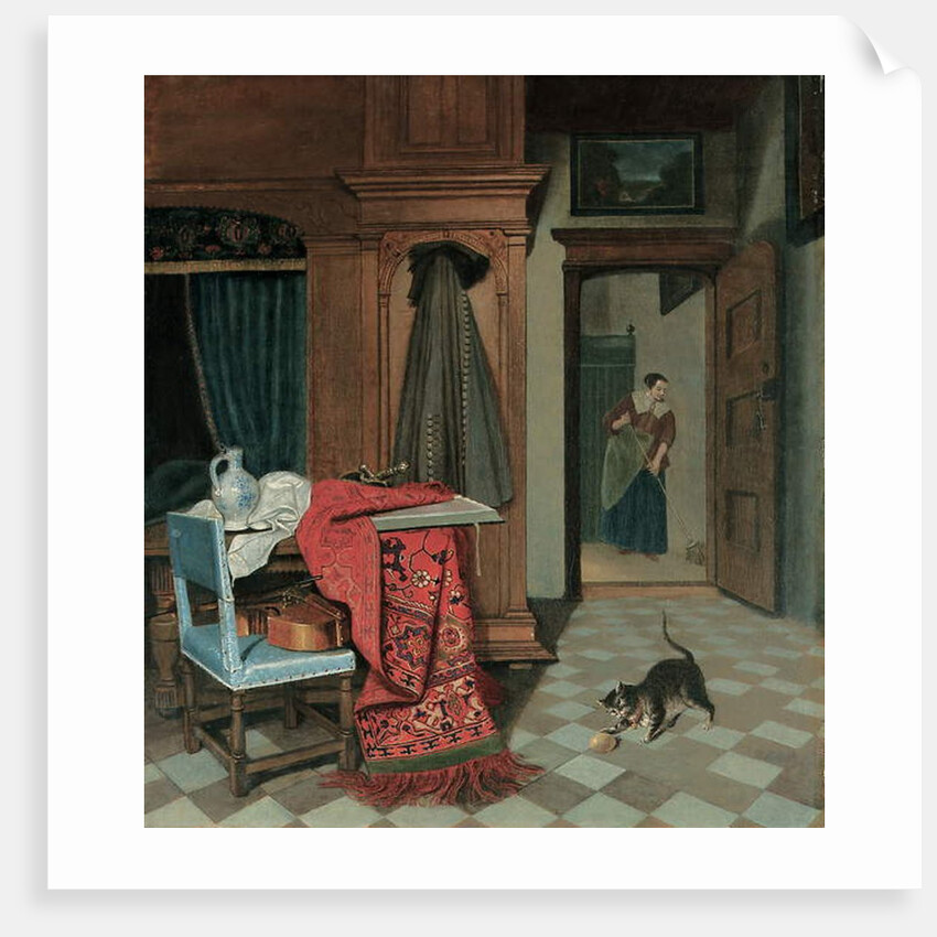 Interior with a carpet, a sword and a jug on a table, a cello on a chair, a coat hanging on a cupboard, a cat playing with a ball, a maid beyond by Cornelis de Man