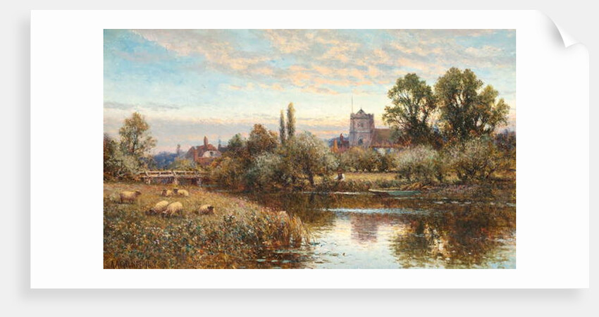 Sheep grazing before Wrotham Church, twilight by Alfred Augustus Glendening