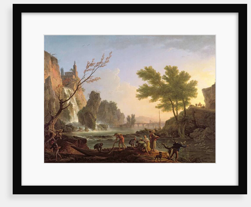 Fisherman in a landscape with a cascade and a bridge by Claude Joseph Vernet