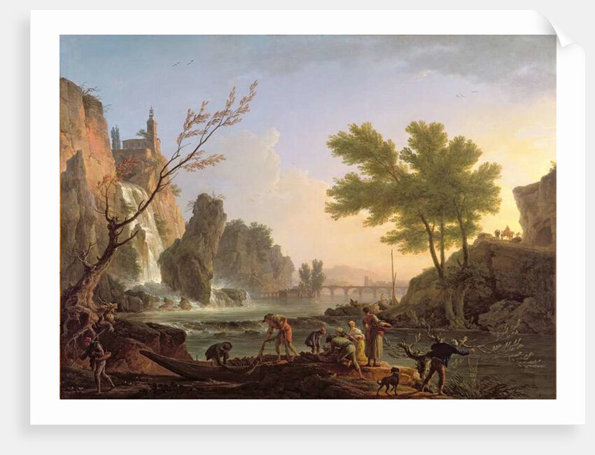 Fisherman in a landscape with a cascade and a bridge by Claude Joseph Vernet
