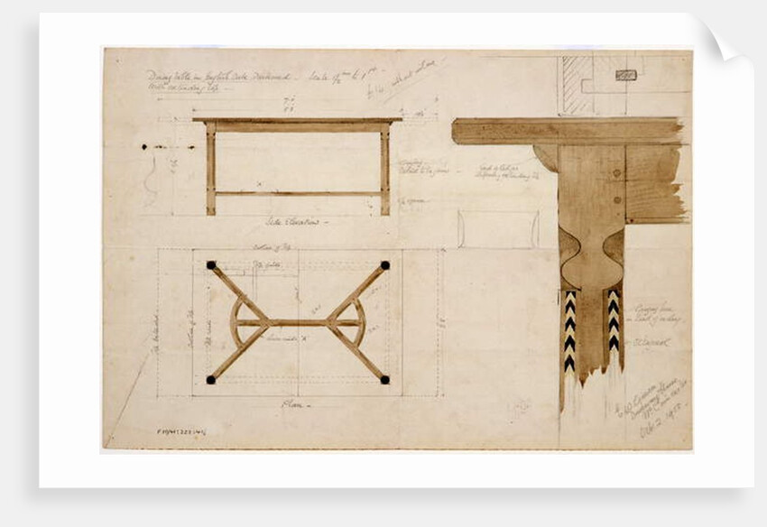 Design for a dining table in English oak, darkened, with a hayrake stretcher, 2nd October 1908 by Ernest William Gimson