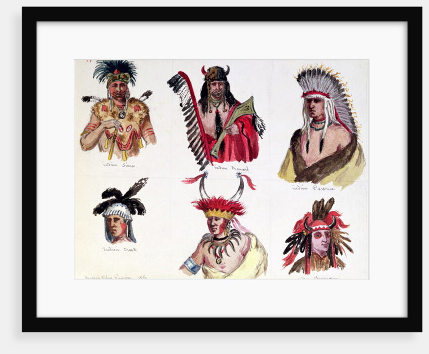 Portraits of Six American Indians from the Sioux, Renard, Pawnee, Creek, Otto and Chippewa Tribes, 1861 by Baron Dudevant Jean Francois Maurice Sand