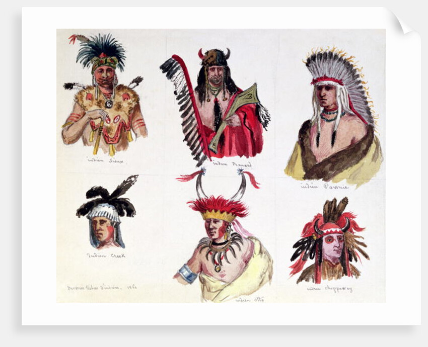 Portraits of Six American Indians from the Sioux, Renard, Pawnee, Creek, Otto and Chippewa Tribes, 1861 by Baron Dudevant Jean Francois Maurice Sand