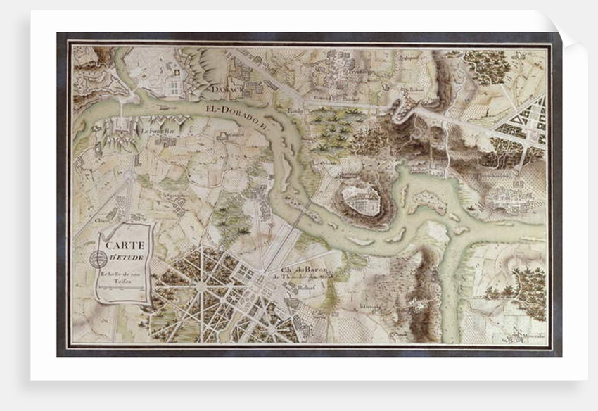 A Map inspired by 'Candide' by Francois Voltaire for a competition organised by the Ecole Nationale des Ponts et Chaussees in Paris, late 18th century by French School