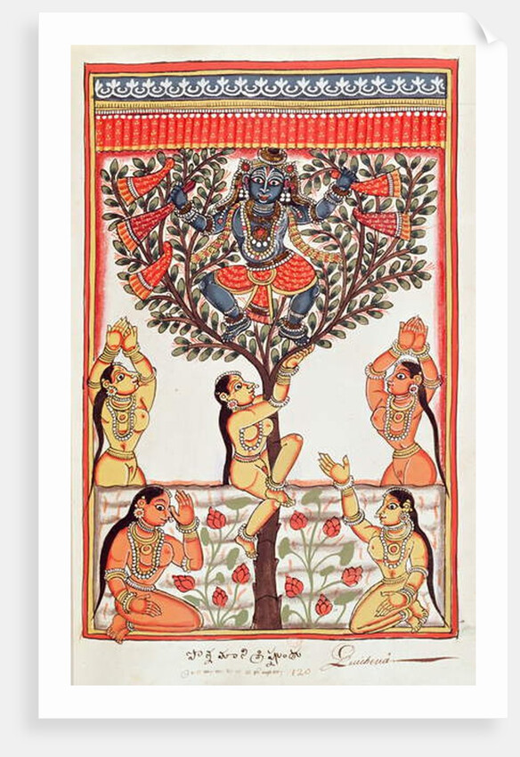 Krishna stealing the clothes of the Gopi swimming in the River Yamuna by Indian School