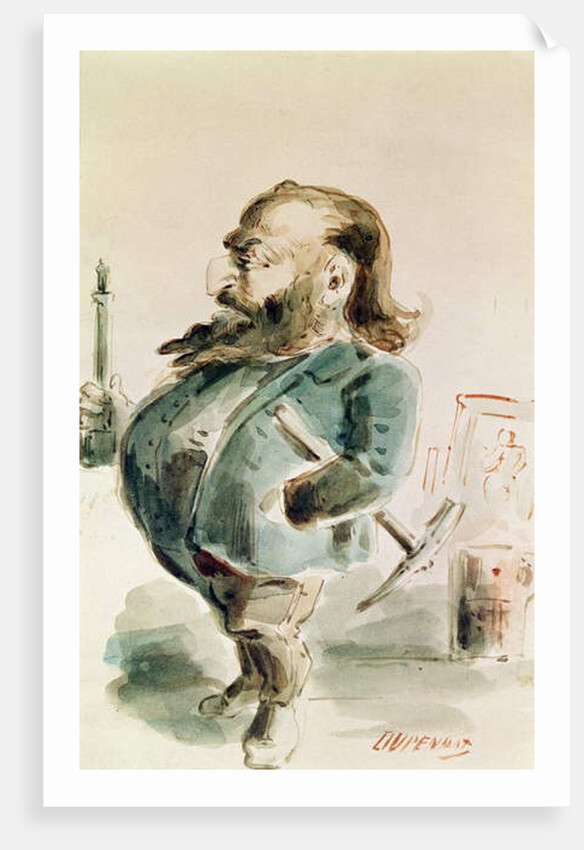 Caricature of Gustave Courbet holding the Colonne de Vendome by Dupendant Dupendant