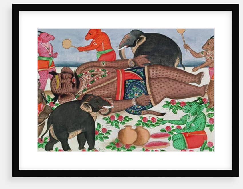 Ramayana scene: a group of demons awakening their prince in hibernation by School Indian