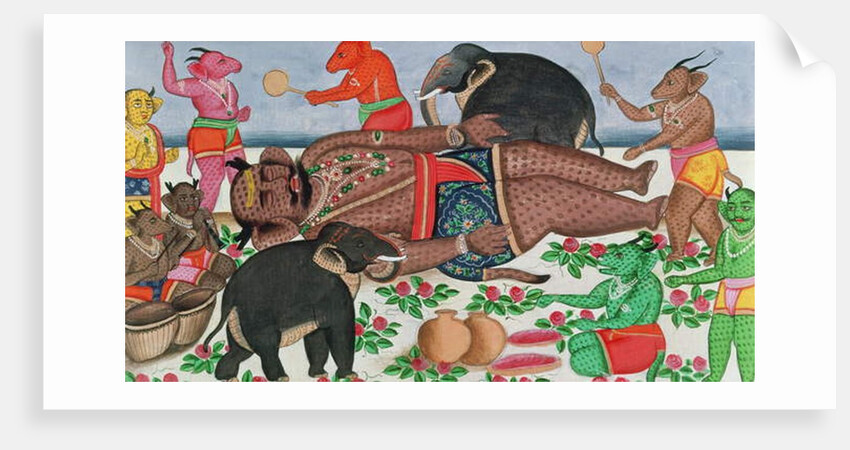 Ramayana scene: a group of demons awakening their prince in hibernation by School Indian