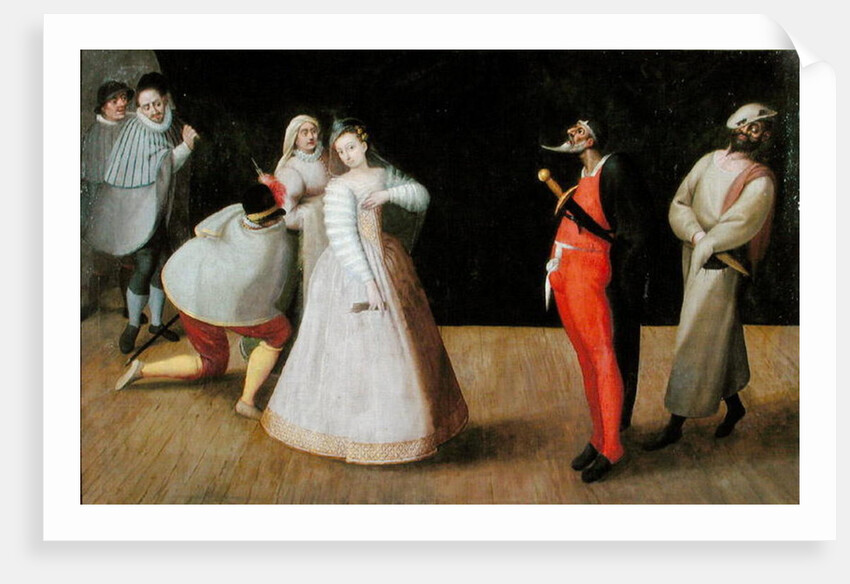 The Compagnia dei Comici Gelosi with Isabella Andreini depicted giving a performance in Paris by Hieronymus Francken