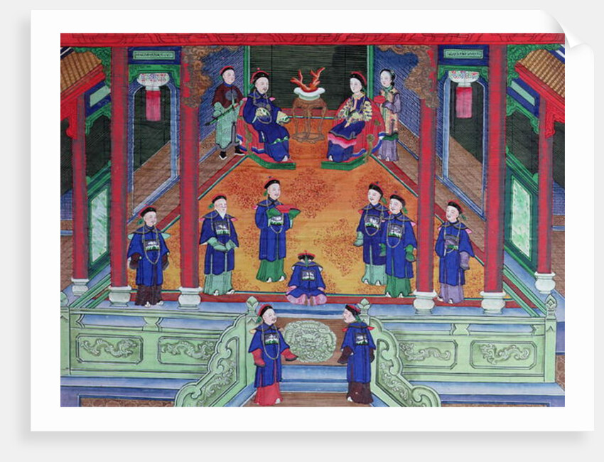 Scene depicting a Chinese imperial official at home seated with his wife by School Chinese