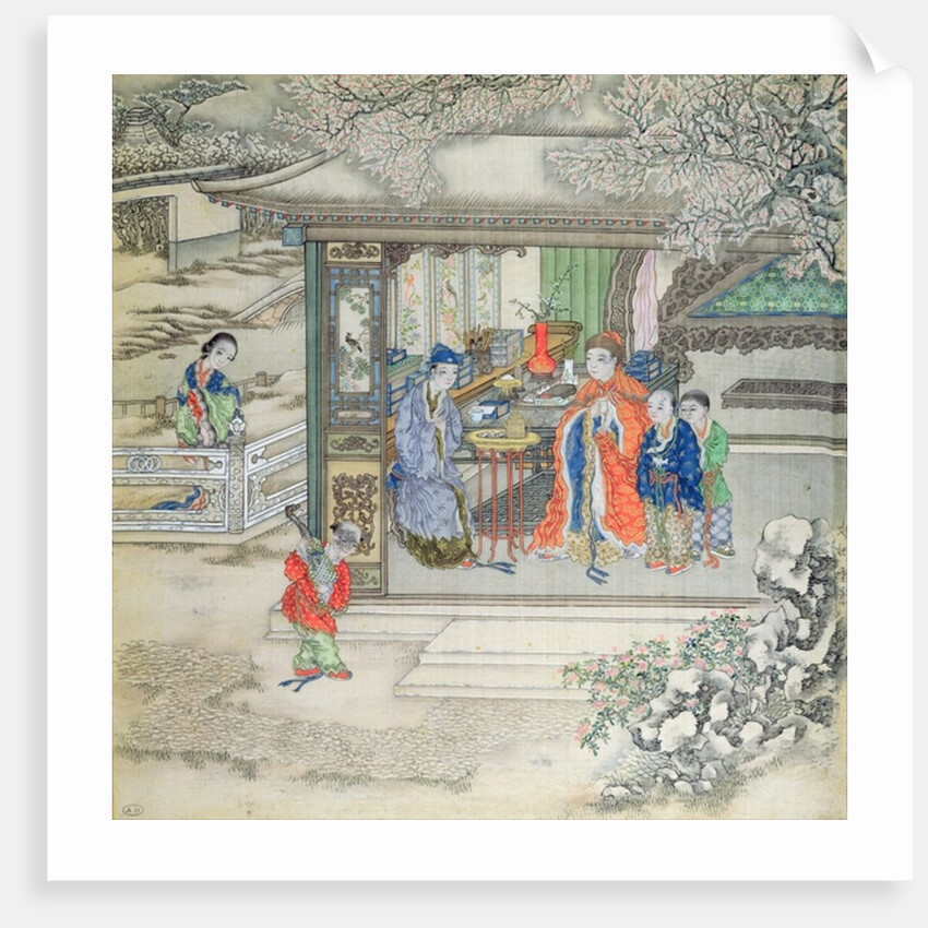 Scene in a garden with a family receiving visitors by School Chinese