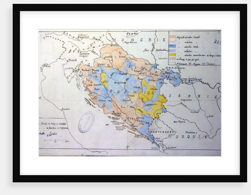 Map of Bosnia with details of the areas occupied by minority ethnic groups, 1910 by French School