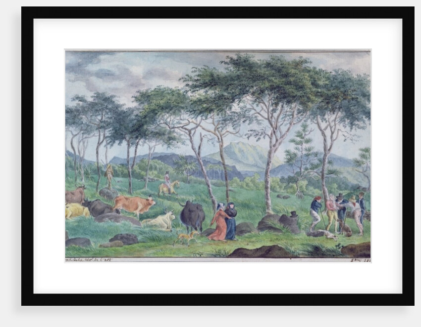 Herd of cattle with cowherds near the river on the east of the Ile de la Reunion, October 1812 by Jean-Joseph Patu de Rosemont