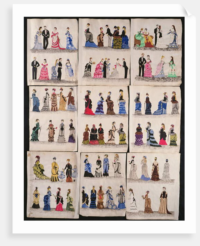 A selection of Victorian fashions including ballroom and walking dresses, c.1876 by English School