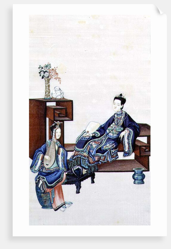 Lady Reclining with a Servant Playing a Musical Instrument by School Chinese